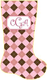 argyle pink and brown cross stitch christmas stocking