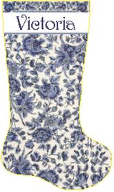 blue toile cross stitch christmas stocking