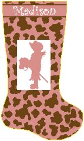 cowgirl stocking, cow print cross stitch christmas stocking