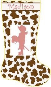 cowgirl stocking, cow print cross stitch christmas stocking